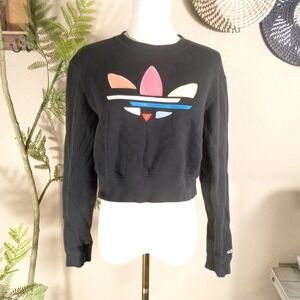 Adidas Originals Womens Black Cropped Sweatshirt Multi-Color Trefoil Logo Small